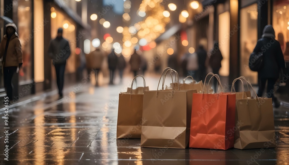 Obraz premium A group of shopping bags on a wet city street at night, with blurred lights and people in the background.