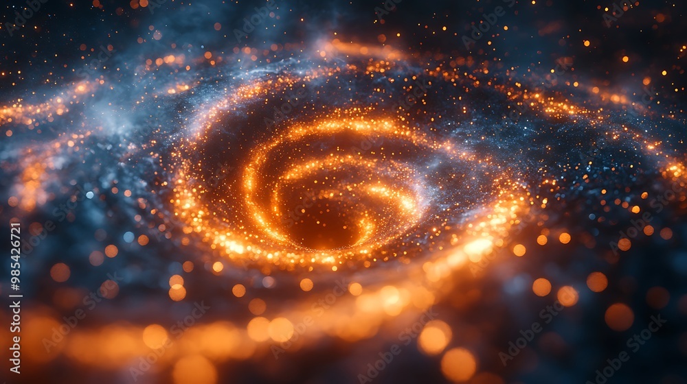 Abstract swirl of light and dust particles in a dark space with a blue and orange glow. Abstract swirl of light and dust particles in a dark space with a blue and orange glow.