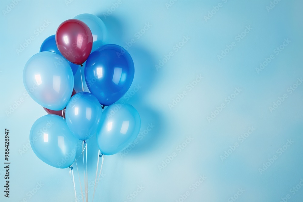 Bunch of colorful balloons on blue background. Space for text, for greeting card. Balloons in various colors, floating in air, perfect for celebration. Festive, elegant decor for party, event, Bunch of colorful balloons on blue background. Space for text, for greeting card. Balloons in various colors, floating in air, perfect for celebration. Festive, elegant decor for party, event,