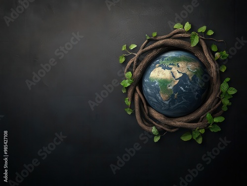 Earth intertwined with tree roots, symbolizing the deep connection between nature and planet, intricate details, ecofriendly concept photo