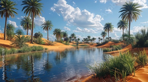 Fototapeta Naklejka Na Ścianę i Meble -  Peaceful desert oasis with a small pond surrounded by palm trees soft sand dunes and a clear blue sky overhead