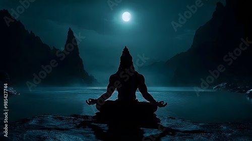 Silhouette of lord shiva in meditation at night