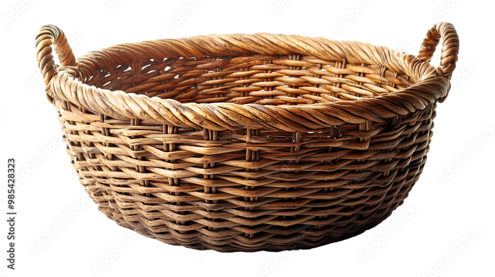 Obraz premium A wicker basket placed against a solid black background, showcasing its intricate weaving and natural texture.