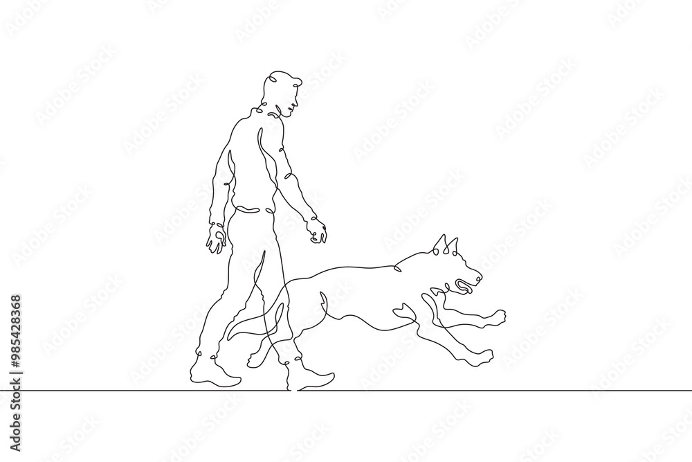 Continuous one line drawing man walking with dog. Young man walking with pet. Domestic animals. Running dog. One continuous line isolated minimal illustration. Continuous one line drawing man walking with dog. Young man walking with pet. Domestic animals. Running dog. One continuous line isolated minimal illustration.