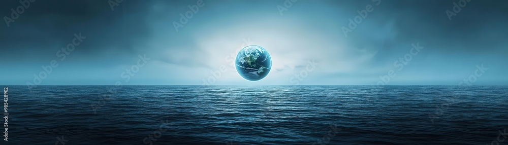 Vast ocean with glowing earth in the sky, symbolizing harmony between nature and planet, glowing blue hues, futuristic ecoconcept, digital art Vast ocean with glowing earth in the sky, symbolizing harmony between nature and planet, glowing blue hues, futuristic ecoconcept, digital art