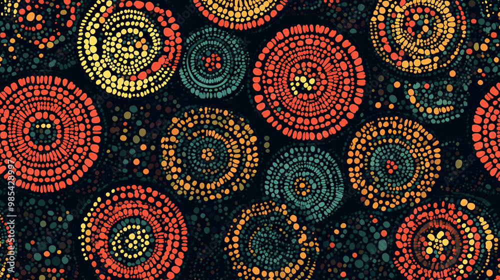 Bohemian ethnic seamless pattern in african style on a dark background tribal art design featuring irregular polka dots. Tribal Art. Illustration Bohemian ethnic seamless pattern in african style on a dark background tribal art design featuring irregular polka dots. Tribal Art. Illustration