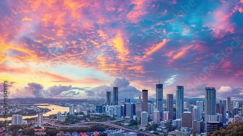 Brisbane Australia cityscape with vibrant colorful sky as background. Aerial view of modern skyscrapers, buildings, urban landscape, architecture, cityscape, skyline, landmarks, city view, scenic, photo