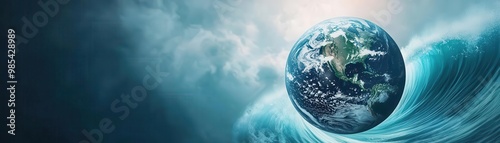 Earth surrounded by spiraling waves, visualizing the impact of water on the planet, dynamic movement, vibrant blues and greens, ecoconcept photo