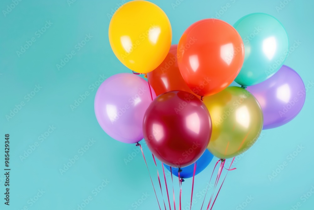 Bunch of bright colorful balloons against blue background. Air-filled rubber balls in various colors, ready for party celebration. Balloons floating, flying, joyful, cheerful, festive atmosphere. Bunch of bright colorful balloons against blue background. Air-filled rubber balls in various colors, ready for party celebration. Balloons floating, flying, joyful, cheerful, festive atmosphere.