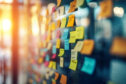 An assortment of sticky notes displayed on a board.