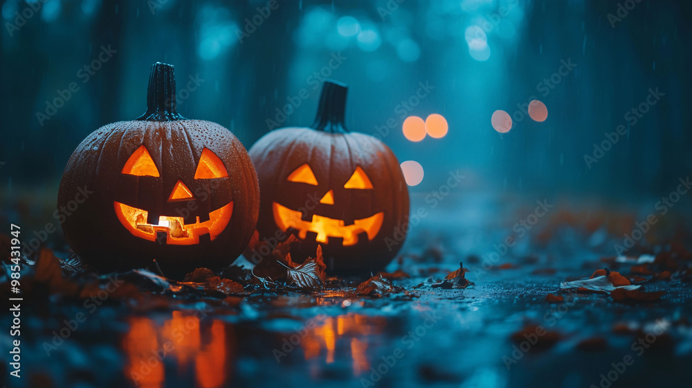 Festive and playful Halloween scene with small carved pumpkins on the left side against a dark background, enhanced by orange bokeh light orbs in the foreground. Festive and playful Halloween scene with small carved pumpkins on the left side against a dark background, enhanced by orange bokeh light orbs in the foreground.