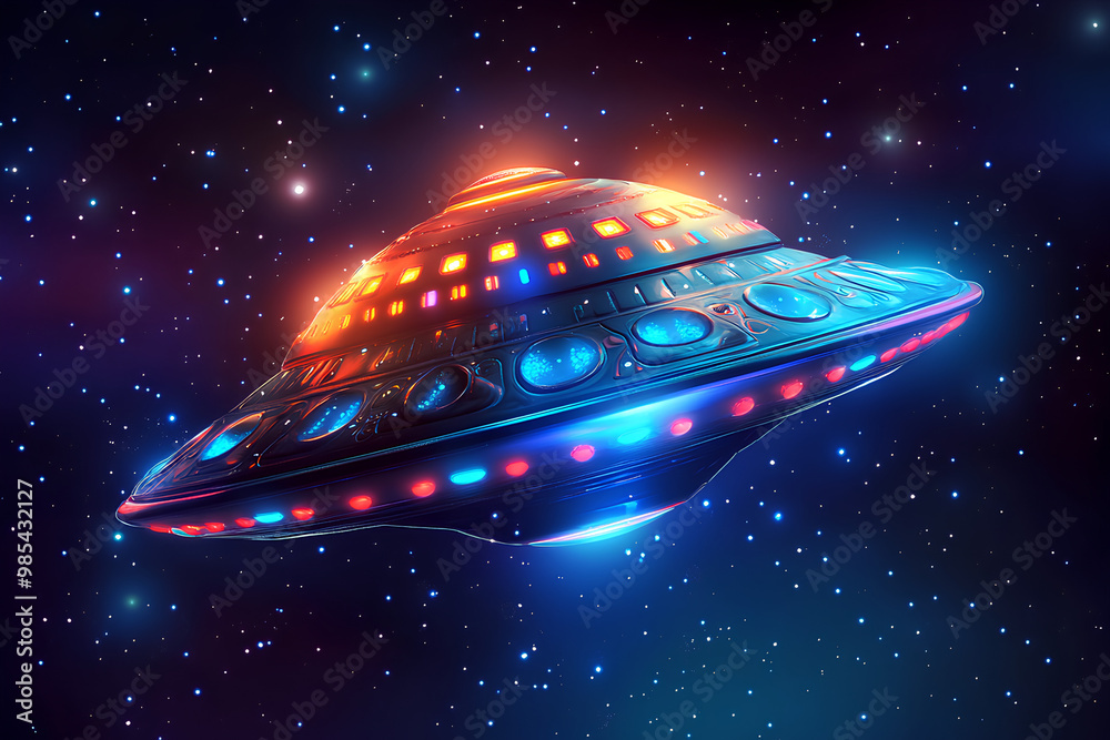 Alien Spaceship 3d Icon Illustration. Alien Spaceship Satellite, Planet And Stars Alien Spaceship 3d Icon Illustration. Alien Spaceship Satellite, Planet And Stars
