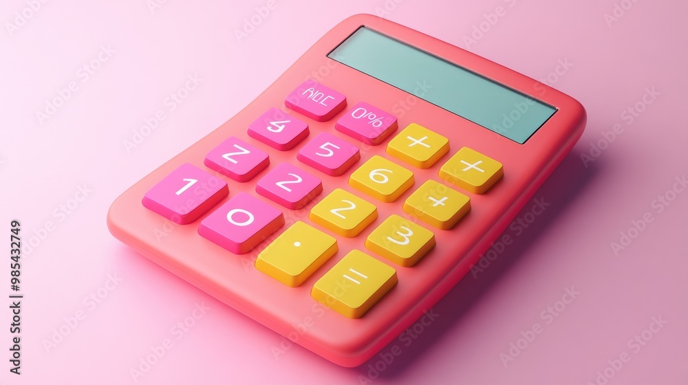 Pink and yellow calculator on a pink background. Pink and yellow calculator on a pink background.