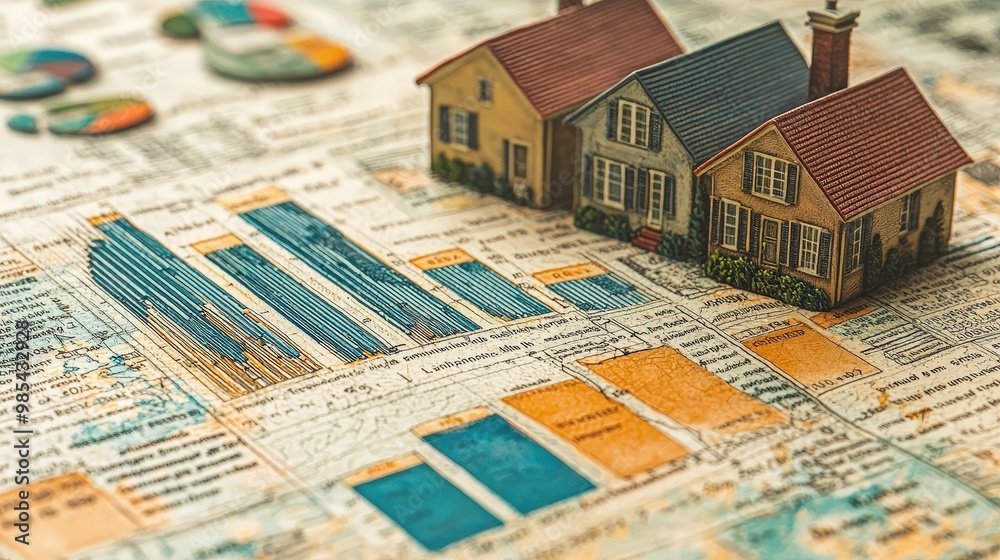Obraz premium Miniature Houses on Vintage Financial Charts and Graphs