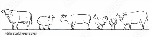 One line drawing of farm animals. Cows, sheep, roosters, chickens, geese, ducks and more. Continually drawn one line drawing of farm animals.