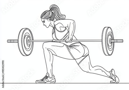 Drawing of a woman lifting weights in continuous one-line format with a barbell in the middle.