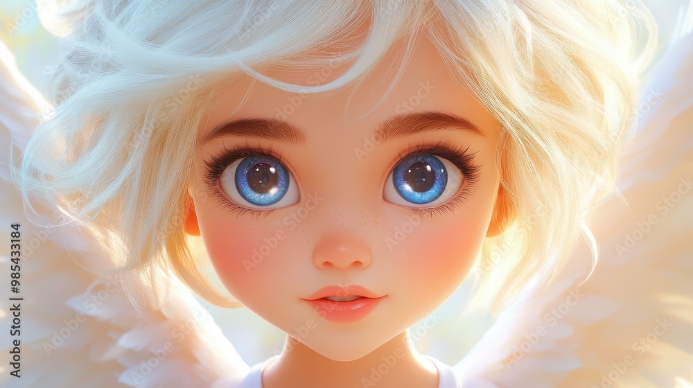 A cute young angel with bright eyes, fantastic stylized hair, set against a detailed paradise backdrop. A cute young angel with bright eyes, fantastic stylized hair, set against a detailed paradise backdrop.