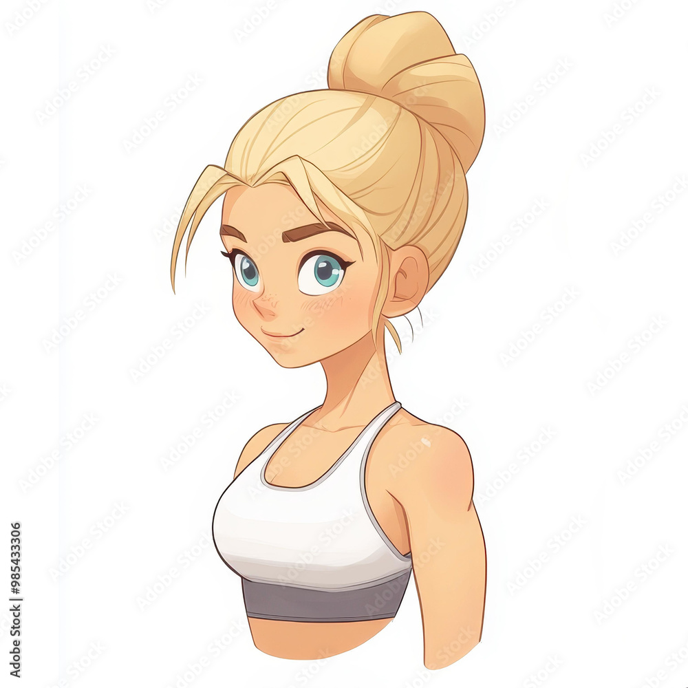 A stunning blonde fitness trainer in a white bra, designed in a modern flat art style with vibrant textures. A stunning blonde fitness trainer in a white bra, designed in a modern flat art style with vibrant textures.