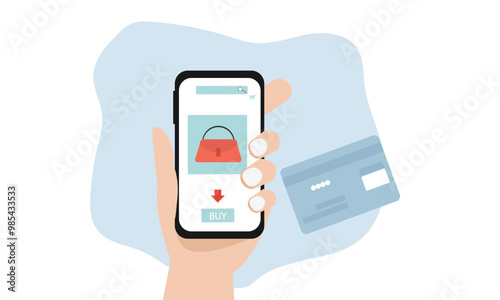 Online shopping on mobile phone concept, Human hand holding mobile phone. Digitally pay by UPI and  bank cards.Buy Clothing, shoes and other accessory through smart phone. flat vector illustration.