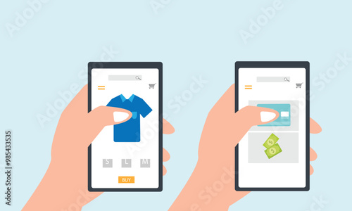 Online shopping on mobile phone concept, Human hand holding mobile phone. Digitally pay by UPI and bank cards.Buy Clothing, shoes and other accessory through smart phone. flat vector illustration.