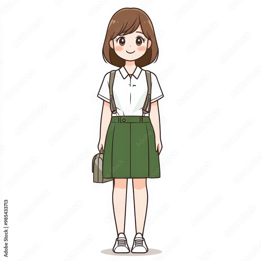 A cute female staff figure in traditional Japanese attire, handpainted style, set against a pure white background. A cute female staff figure in traditional Japanese attire, handpainted style, set against a pure white background.