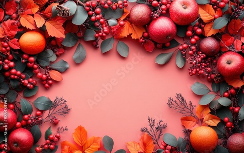 Vibrant autumn foliage with red apples, oranges, and berries, framed on a pastel background, evoking seasonal harvest feelings.