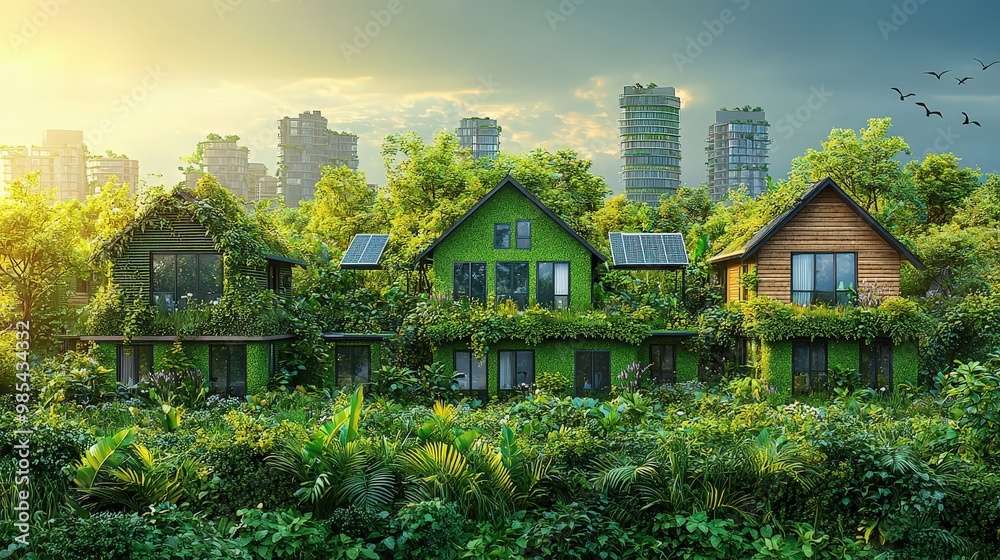Eco Friendly Homes in Lush Green Cityscape with Solar Panels Eco Friendly Homes in Lush Green Cityscape with Solar Panels