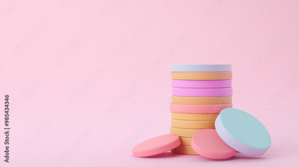 A stack of colorful round objects on a pink background with copy space. A stack of colorful round objects on a pink background with copy space.