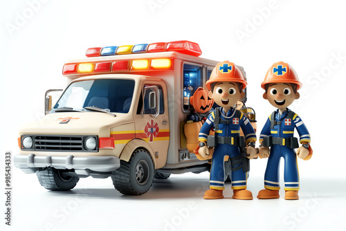 Toy ambulance with two toy paramedics and Halloween pumpkin. Ideal for kids toy, emergency services, and Halloween themes.