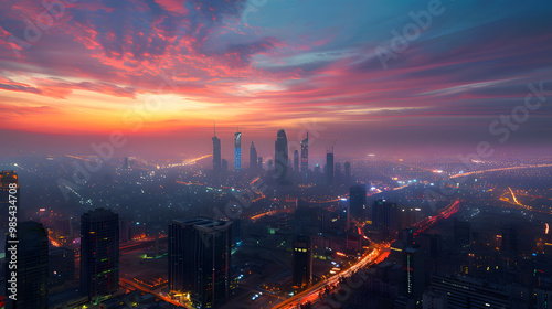 During the blue hour, the KAFD buildings in Riyadh, Saudi Arabia, stand out