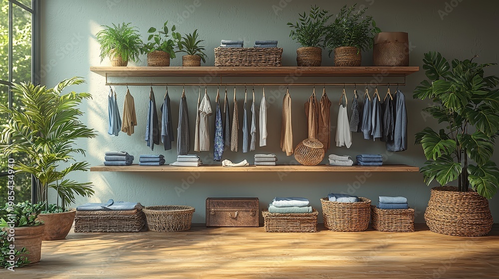 Modern Home Interior with Clothes Plants and Wicker Baskets Modern Home Interior with Clothes Plants and Wicker Baskets