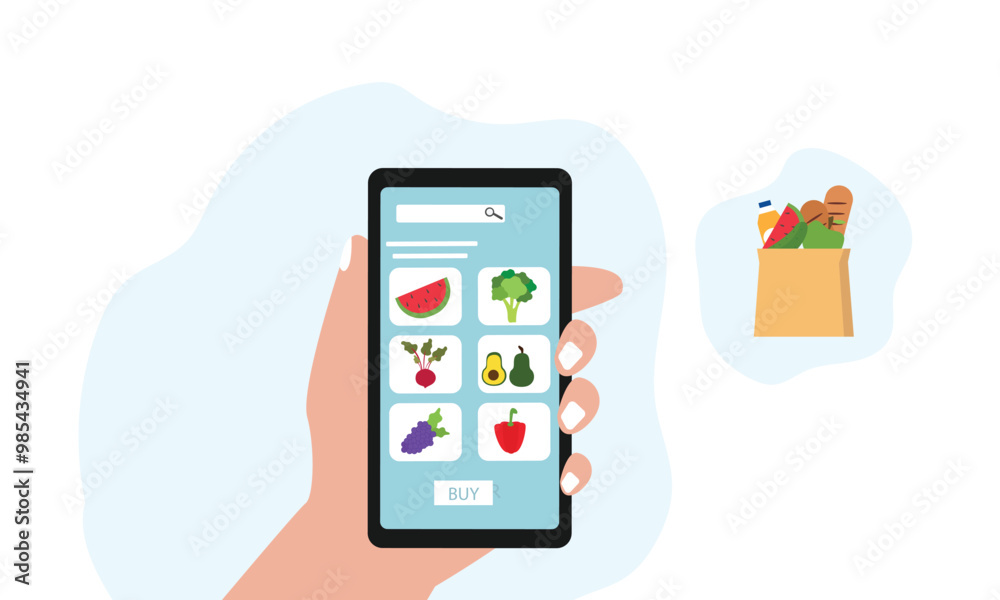 Buying Fresh grocery online through smart phone. Add to cart and wish list online.flat vector illustration. Buying Fresh grocery online through smart phone. Add to cart and wish list online.flat vector illustration.