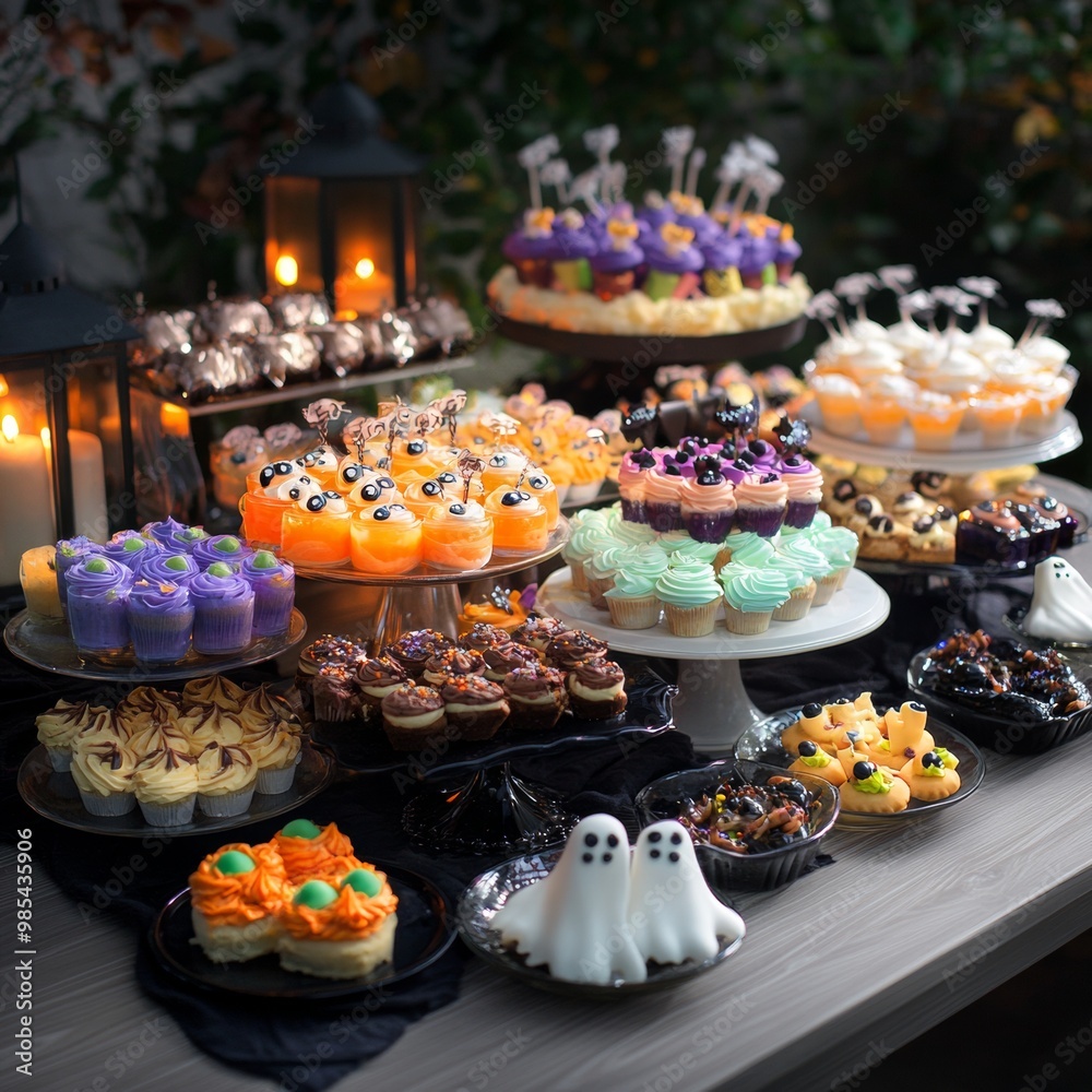 Creepy dessert buffet with glowing slime cakes gory eyeball jellies