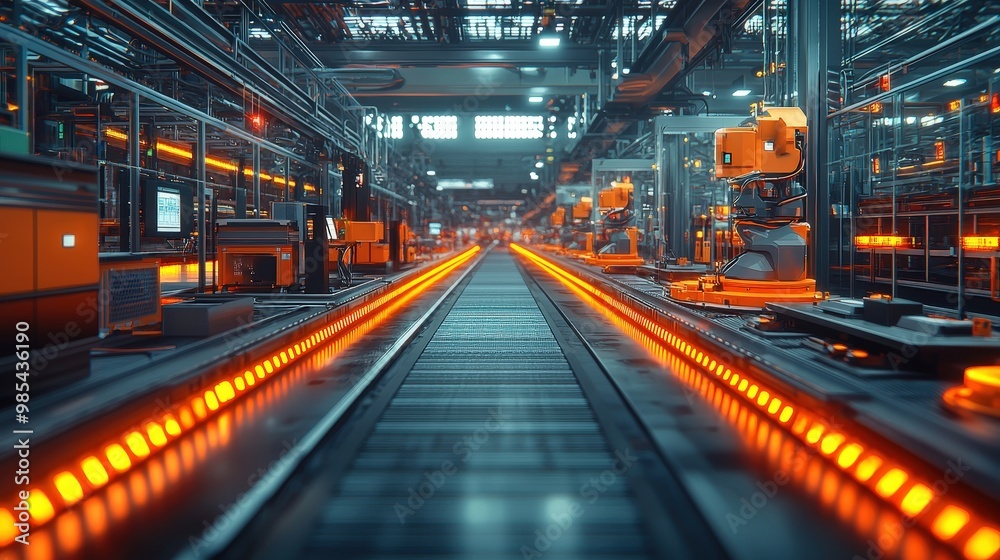 Futuristic Factory Assembly Line with Robots and Orange Lights Futuristic Factory Assembly Line with Robots and Orange Lights