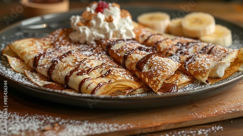 Plate of crispy French crpes rolled and filled with Nutella bananas and whipped cream dusted with powdered sugar photo