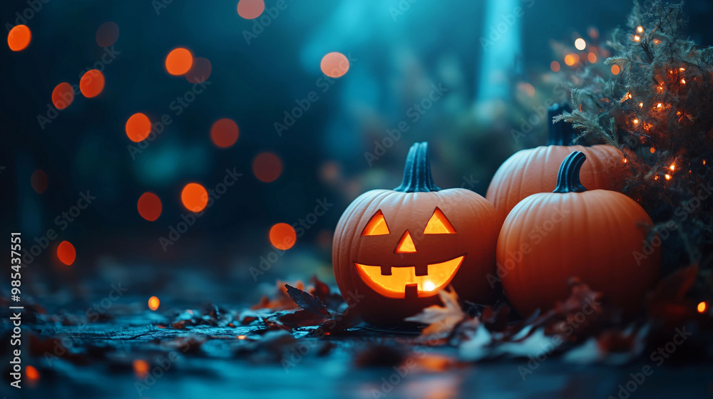 Festive and playful Halloween scene with small carved pumpkins on the left side against a dark background, enhanced by orange bokeh light orbs in the foreground. Festive and playful Halloween scene with small carved pumpkins on the left side against a dark background, enhanced by orange bokeh light orbs in the foreground.