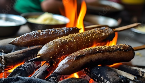 Grilled Sate Kikil: Spiced Cow Skin Delicacy from Angkringan Cooked Over Charcoal photo