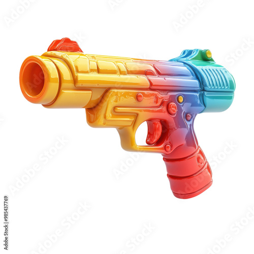 A vibrant, colorful toy gun on a white isolated background, perfect for playful designs and creative projects. photo