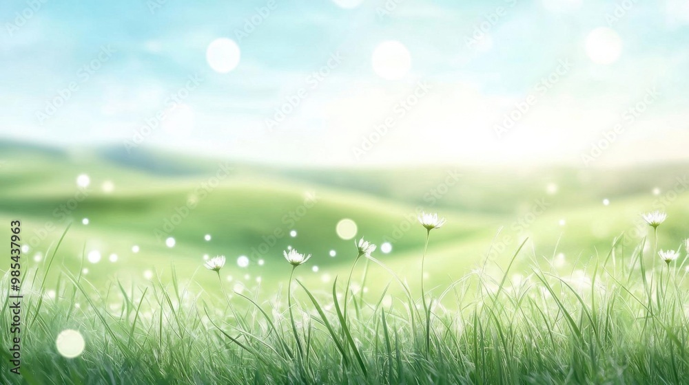 A serene landscape featuring gentle hills, lush green grass, and soft sunlight creating a tranquil, peaceful atmosphere.