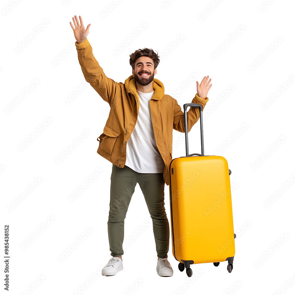 Cheerful Man With Large Suitcase isolated on transparent background Cheerful Man With Large Suitcase isolated on transparent background