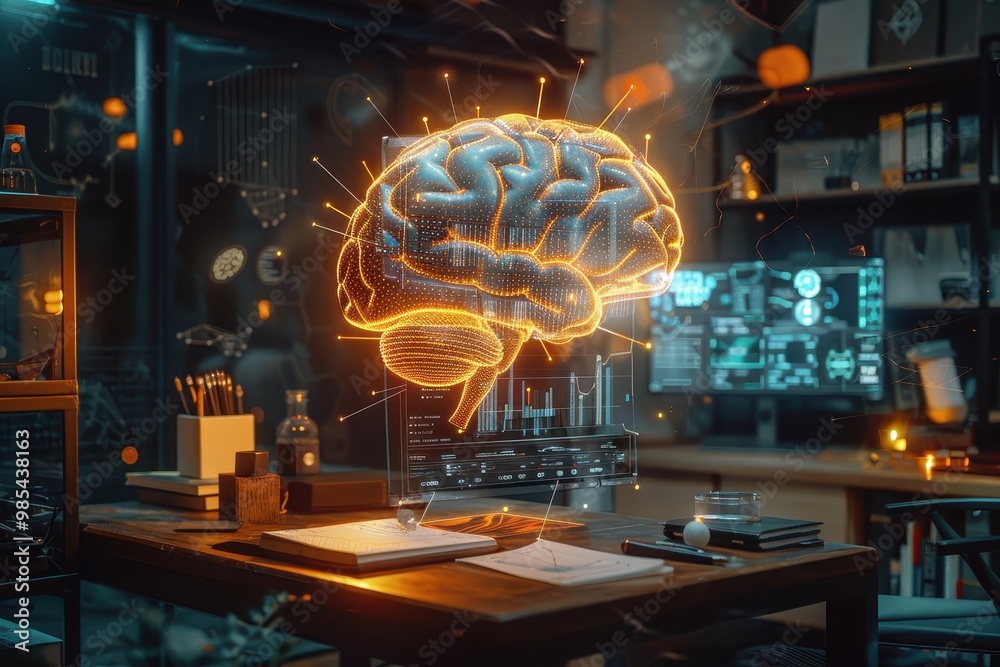 A computer monitor shows a brain with glowing neurons A computer monitor shows a brain with glowing neurons