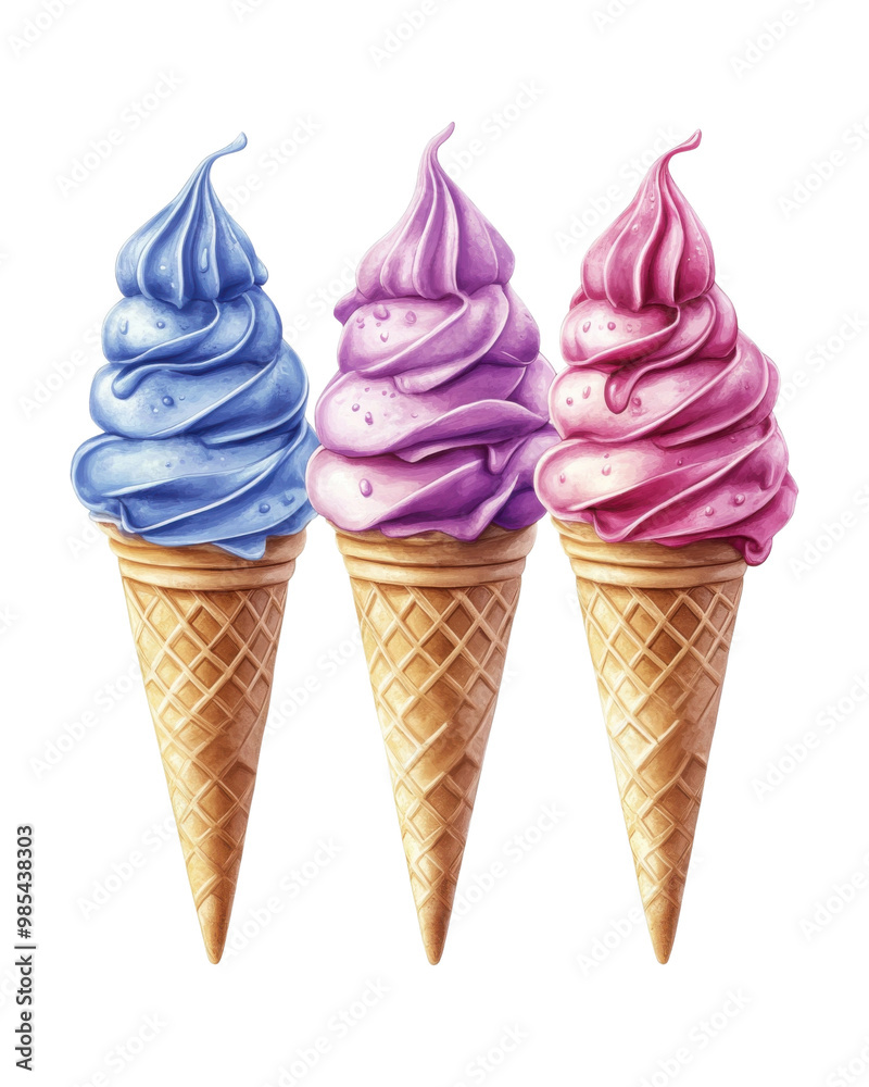 Colorful ice cream cones with fluffy swirls in blue, purple, and pink colors on a white isolate background.