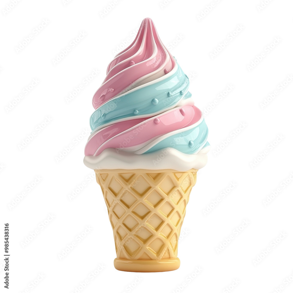 Colorful ice cream swirl in a cone, white isolated background. Colorful ice cream swirl in a cone, white isolated background.