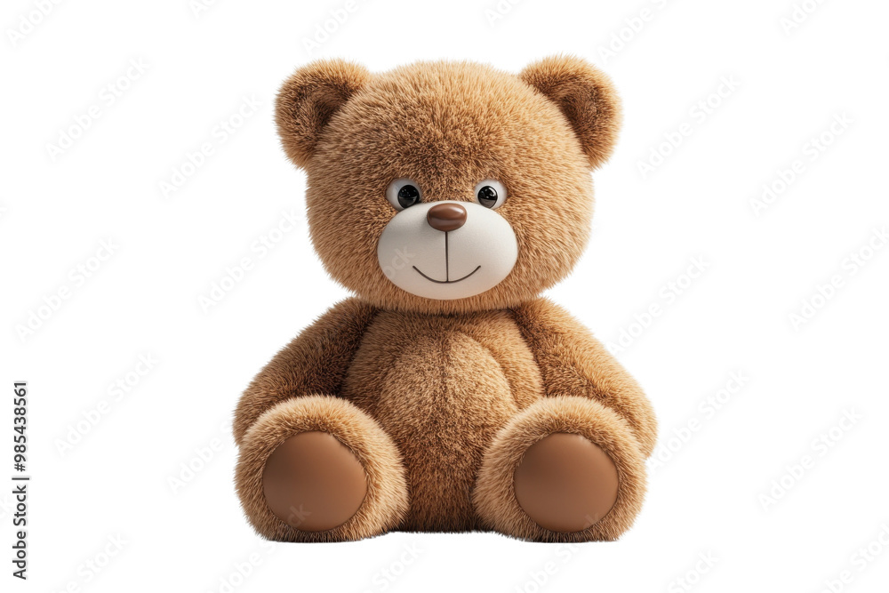 Fototapeta premium Cute plush teddy bear sitting, soft fur, friendly face, isolated on white background.