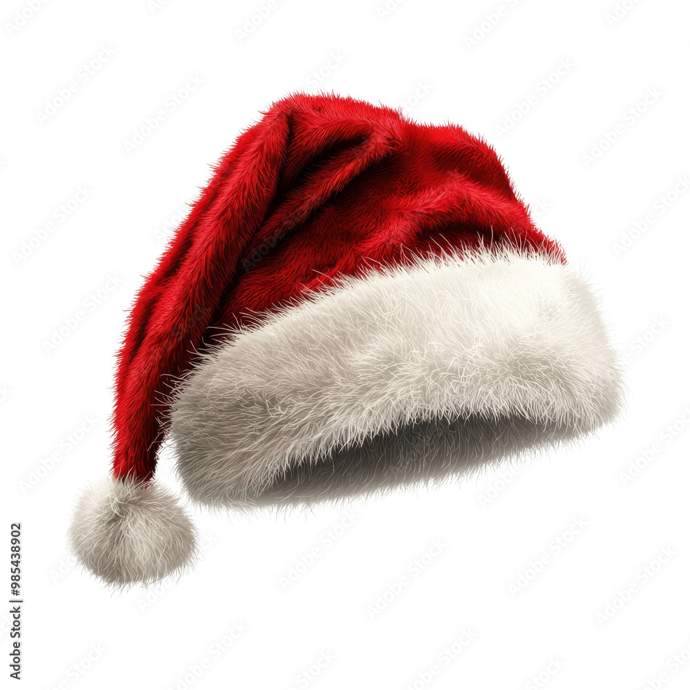 Red Christmas hat with white fur trim, festive wear for holiday celebrations, isolated on white background. Red Christmas hat with white fur trim, festive wear for holiday celebrations, isolated on white background.
