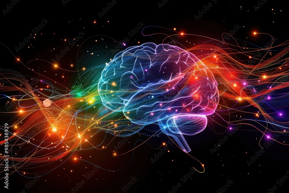 A colorful brain is surrounded by a stream of colorful lights A colorful brain is surrounded by a stream of colorful lights