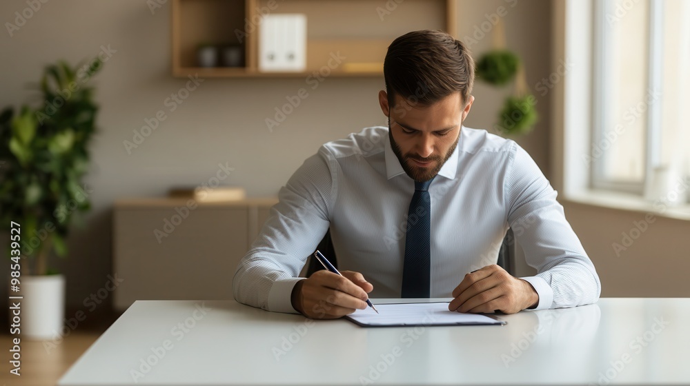 A focused business professional writing notes in a modern office, showcasing concentration and productivity. A focused business professional writing notes in a modern office, showcasing concentration and productivity.