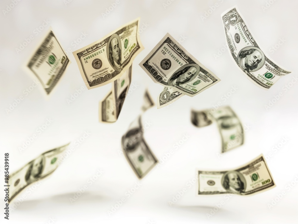 Flying green US dollar bills on a white background. American currency in mid-air with a sense of freedom and prosperity. Symbolizing financial success and wealth. Flying green US dollar bills on a white background. American currency in mid-air with a sense of freedom and prosperity. Symbolizing financial success and wealth.