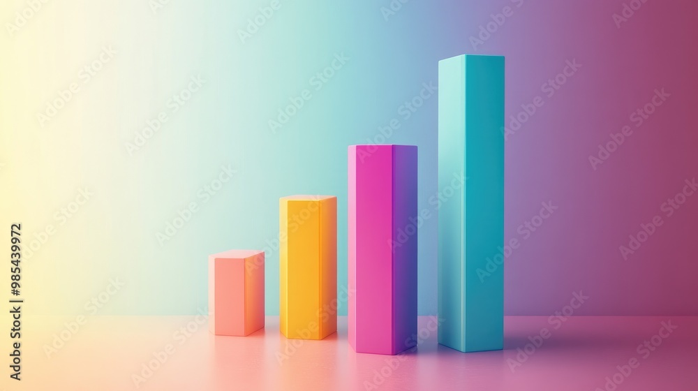Colorful 3D bar chart with ascending bars on a rainbow gradient background. Colorful 3D bar chart with ascending bars on a rainbow gradient background.