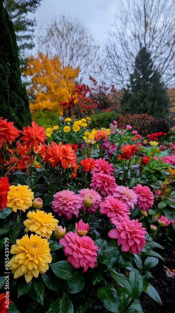 A garden with many different colored flowers, including pink and yellow A garden with many different colored flowers, including pink and yellow